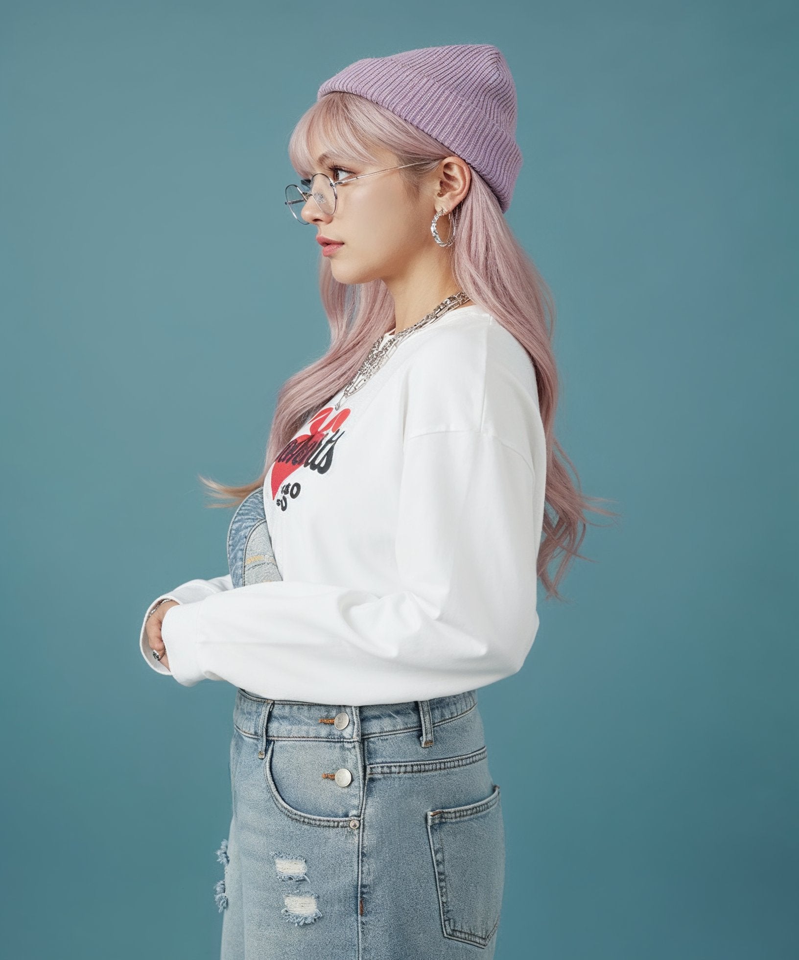 Person with pink hair wearing a white sweatshirt and denim jeans against a teal background