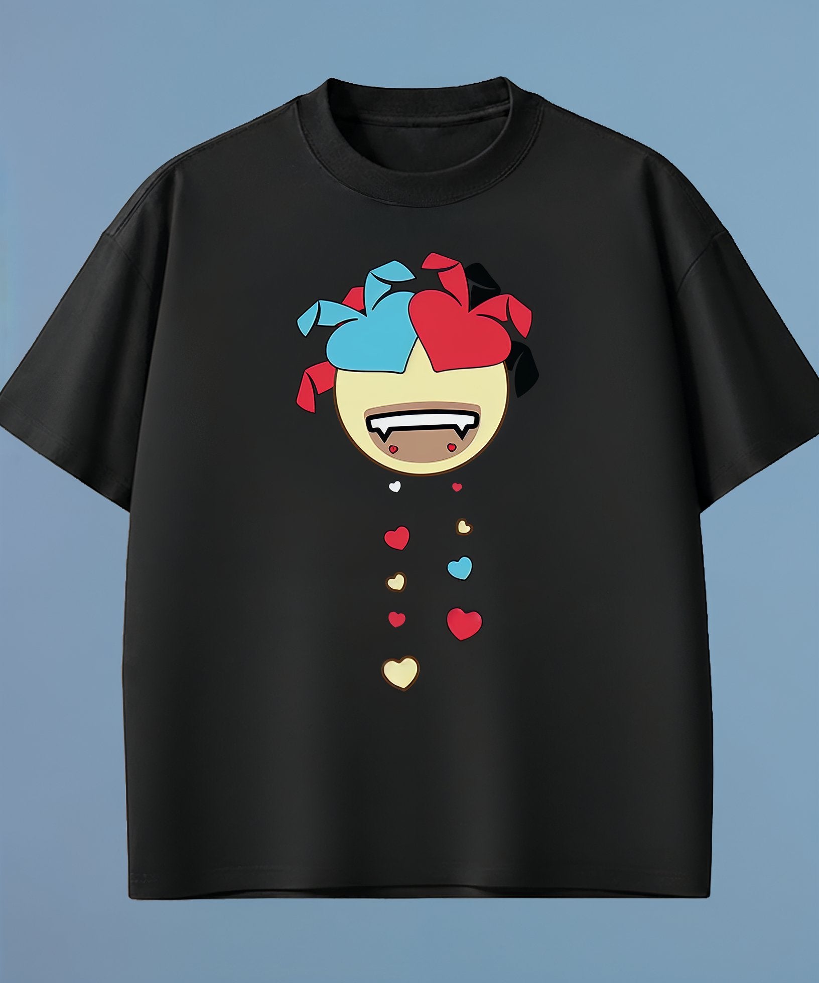 a black t-shirt with a colorful sweethearts emoji design on a blue background