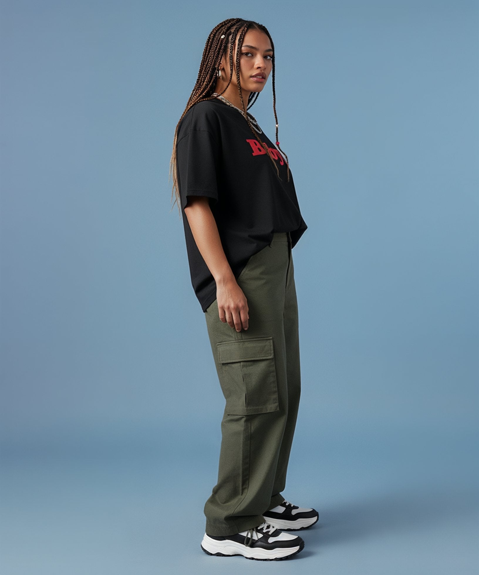 female wearing a black t-shirt with sweethearts red "baby" text, side view,  and green cargo pants on a blue background