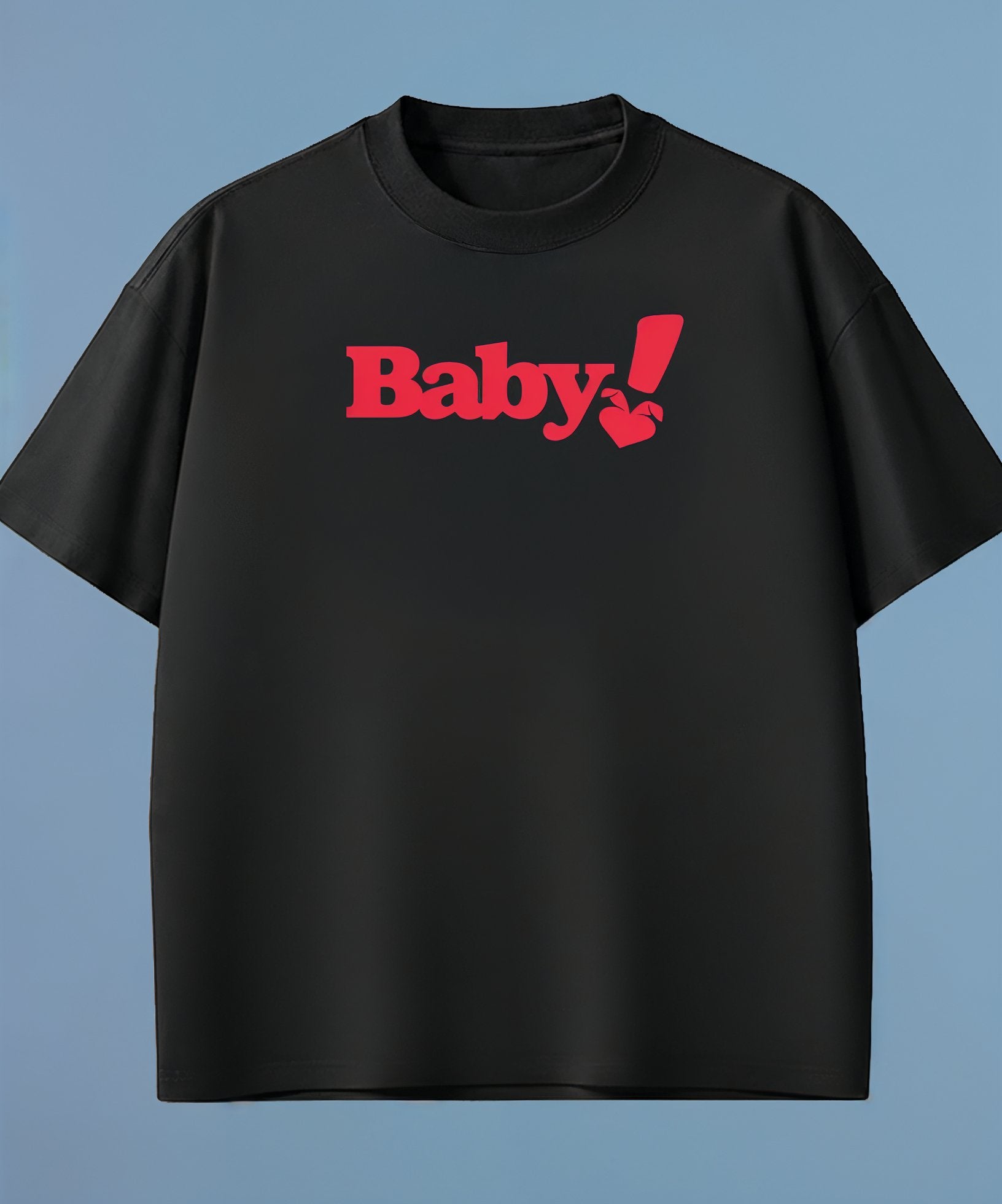 Black t-shirt with red 'Baby!' text on a blue background