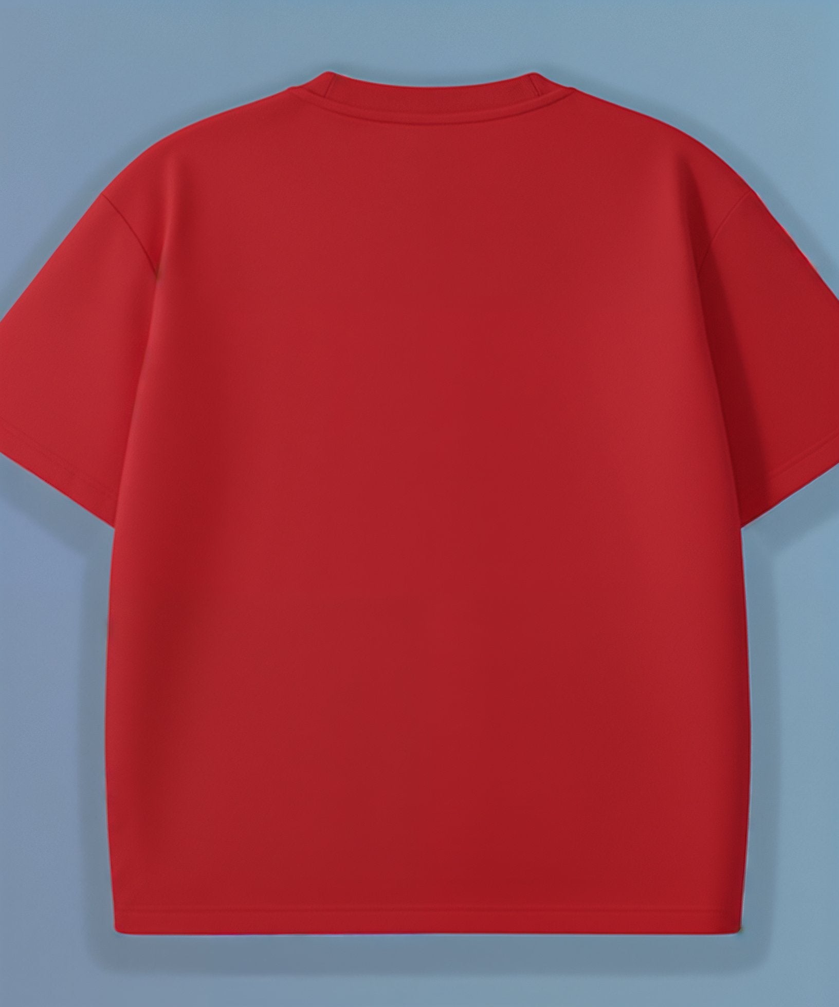 back of Red t-shirt on a light blue background, no logo