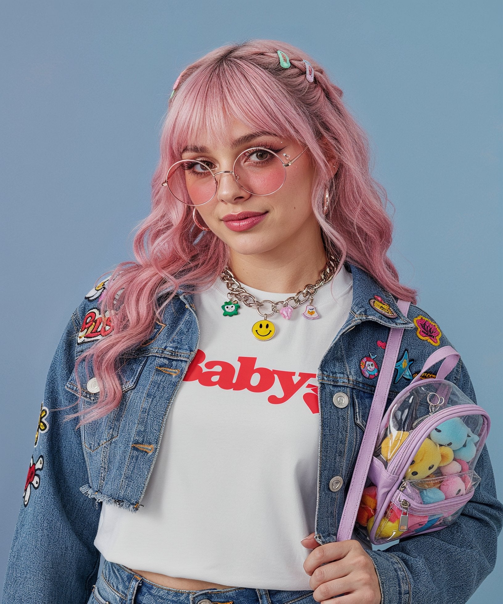 Person with pink hair wearing a denim jacket and white t-shirt with 'baby!' text, holding a colorful backpack.