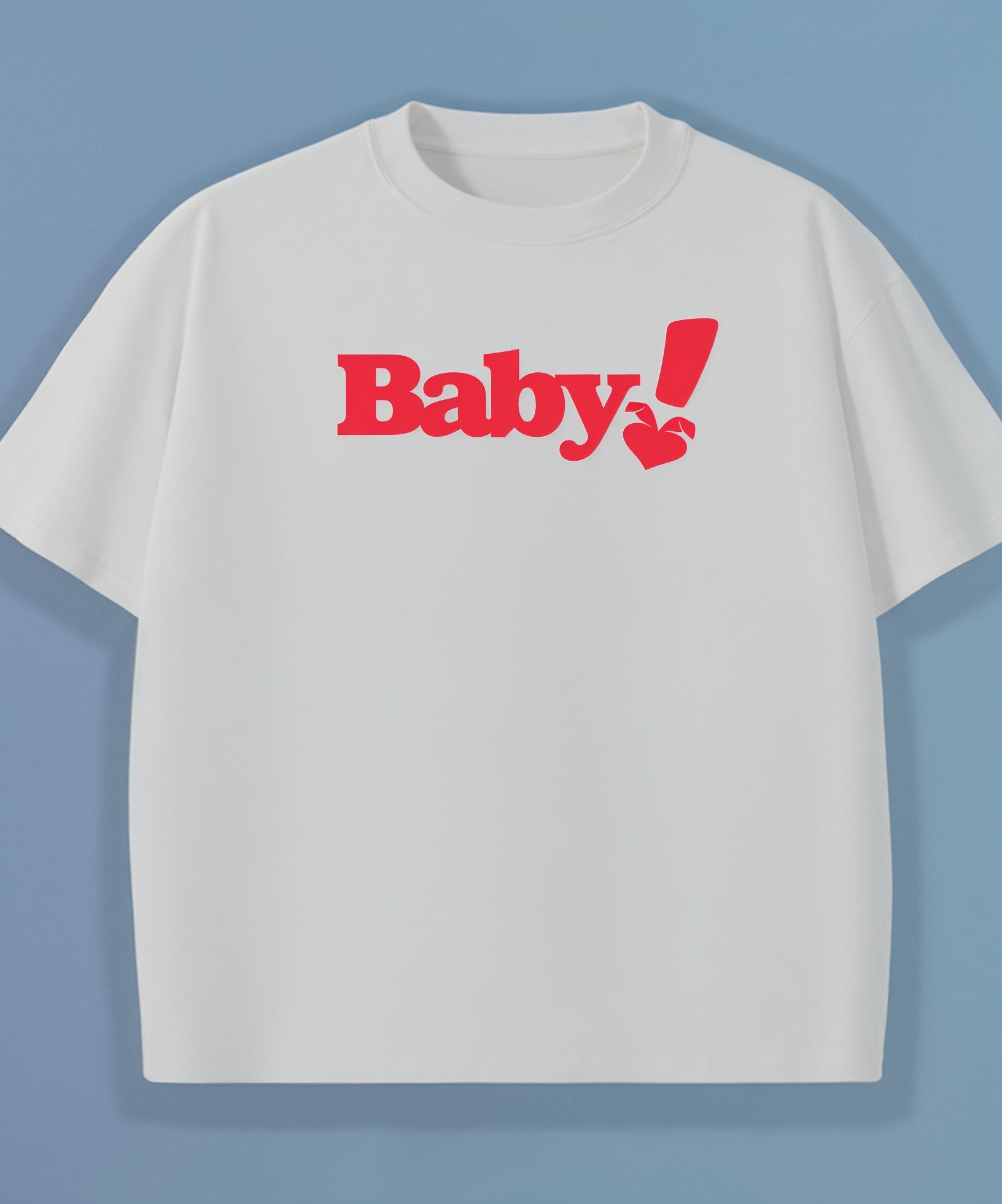 White t-shirt with sweethearts red 'Baby!' text on a light blue background
