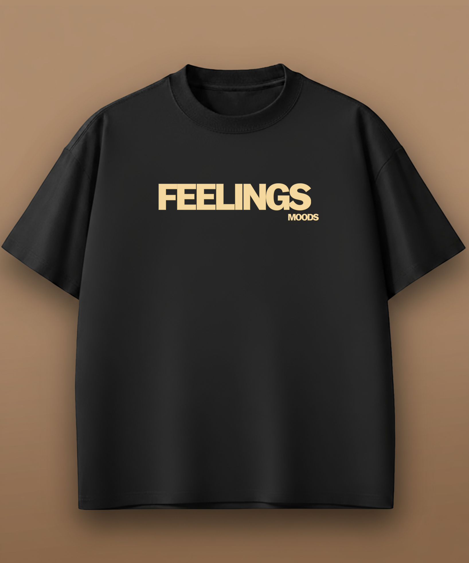 Black t-shirt with 'FEELINGS MOODS' text on a brown background