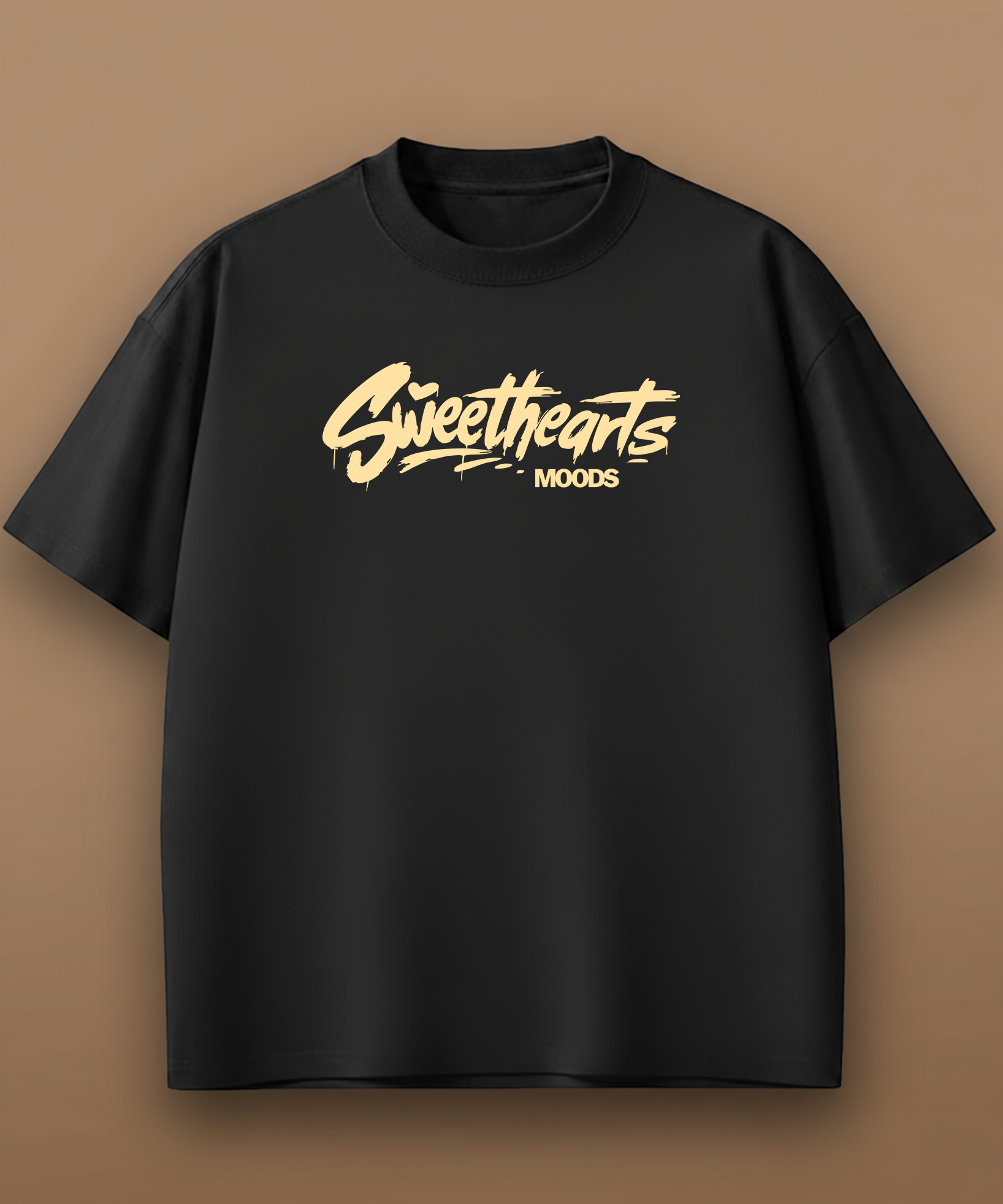 Black t-shirt with yellow 'Sweethearts Moods' text on a brown background, front graphic
