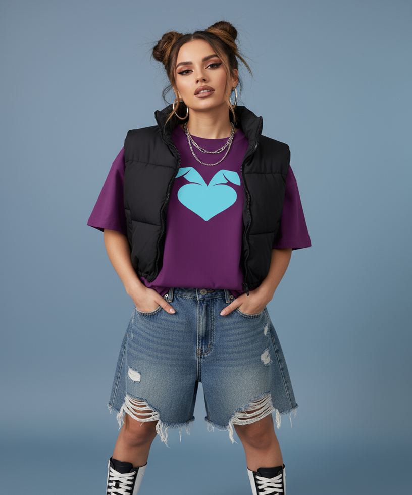 Woman wearing a purple shirt with a blue sweethearts heart logo, black vest, and denim shorts on a blue background, front view