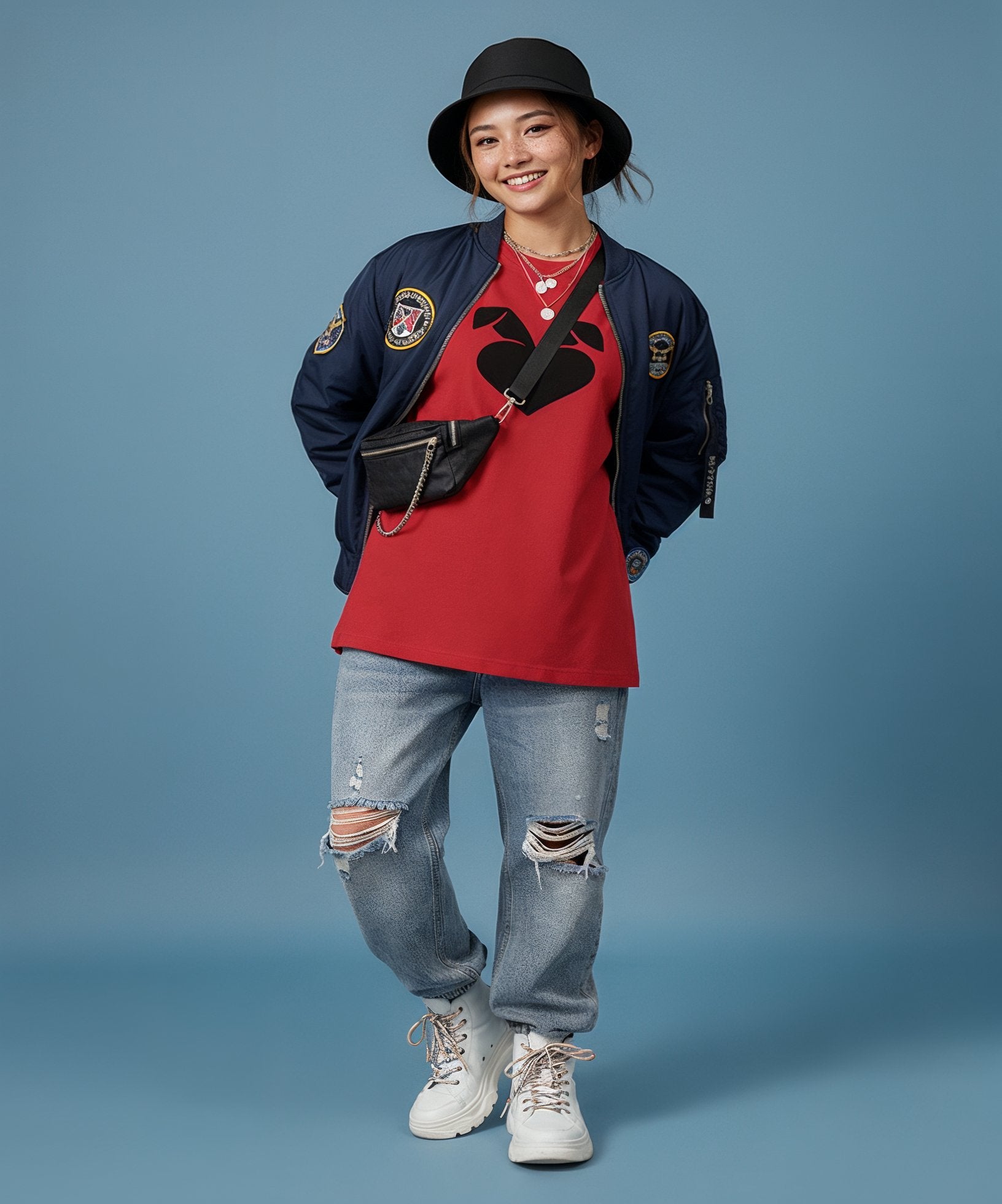 female wearing a red shirt with sweethearts logo on it, blue jacket, and jeans on a blue background