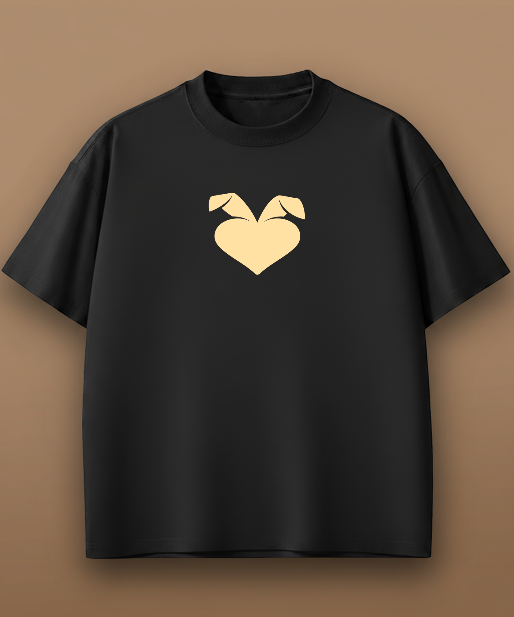 a black sweethearts mood edition logo t-shirt with a gold heart design on a brown background, front graphic