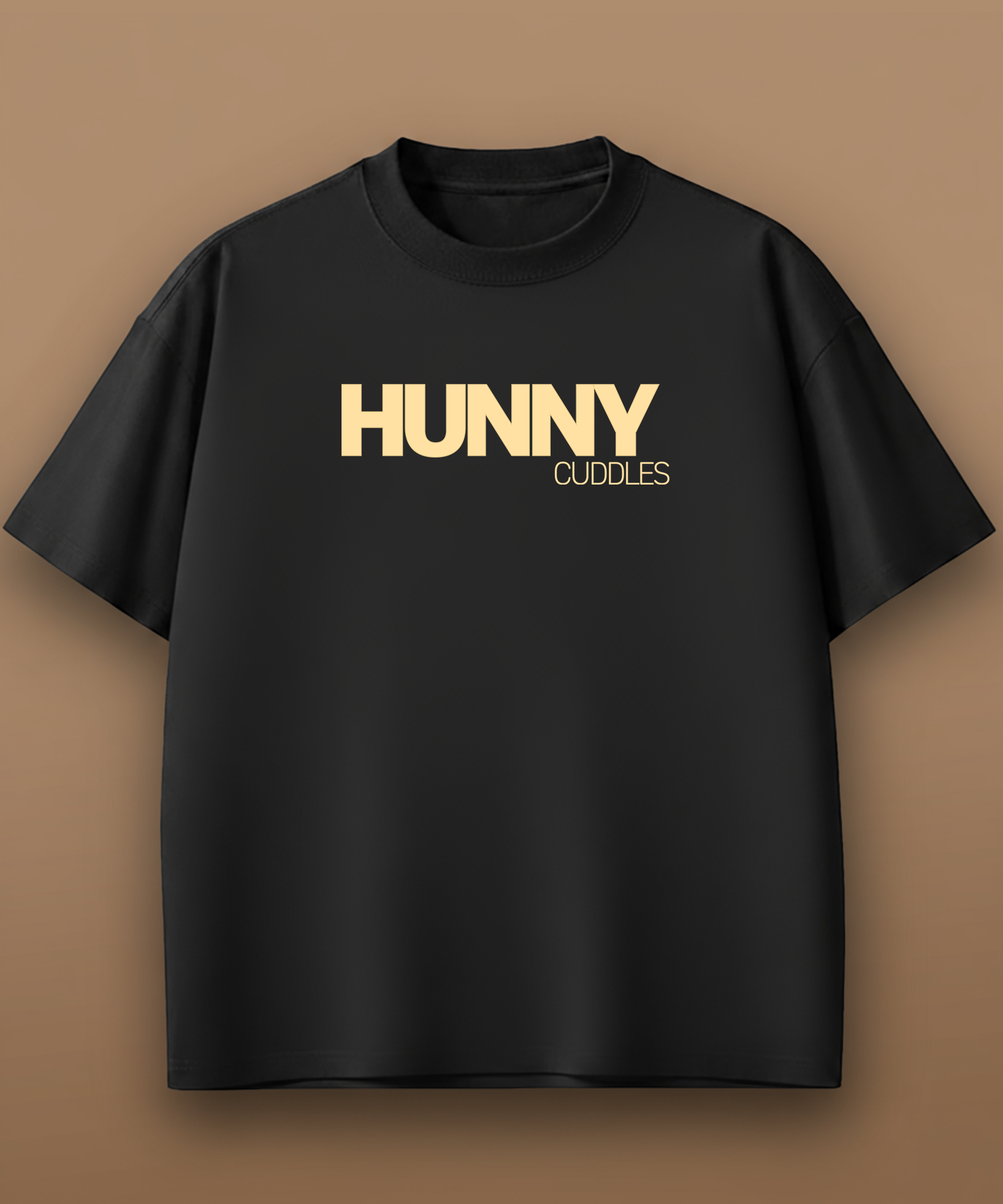 Black t-shirt with 'HUNNY CUDDLES' text on a brown background, front graphic