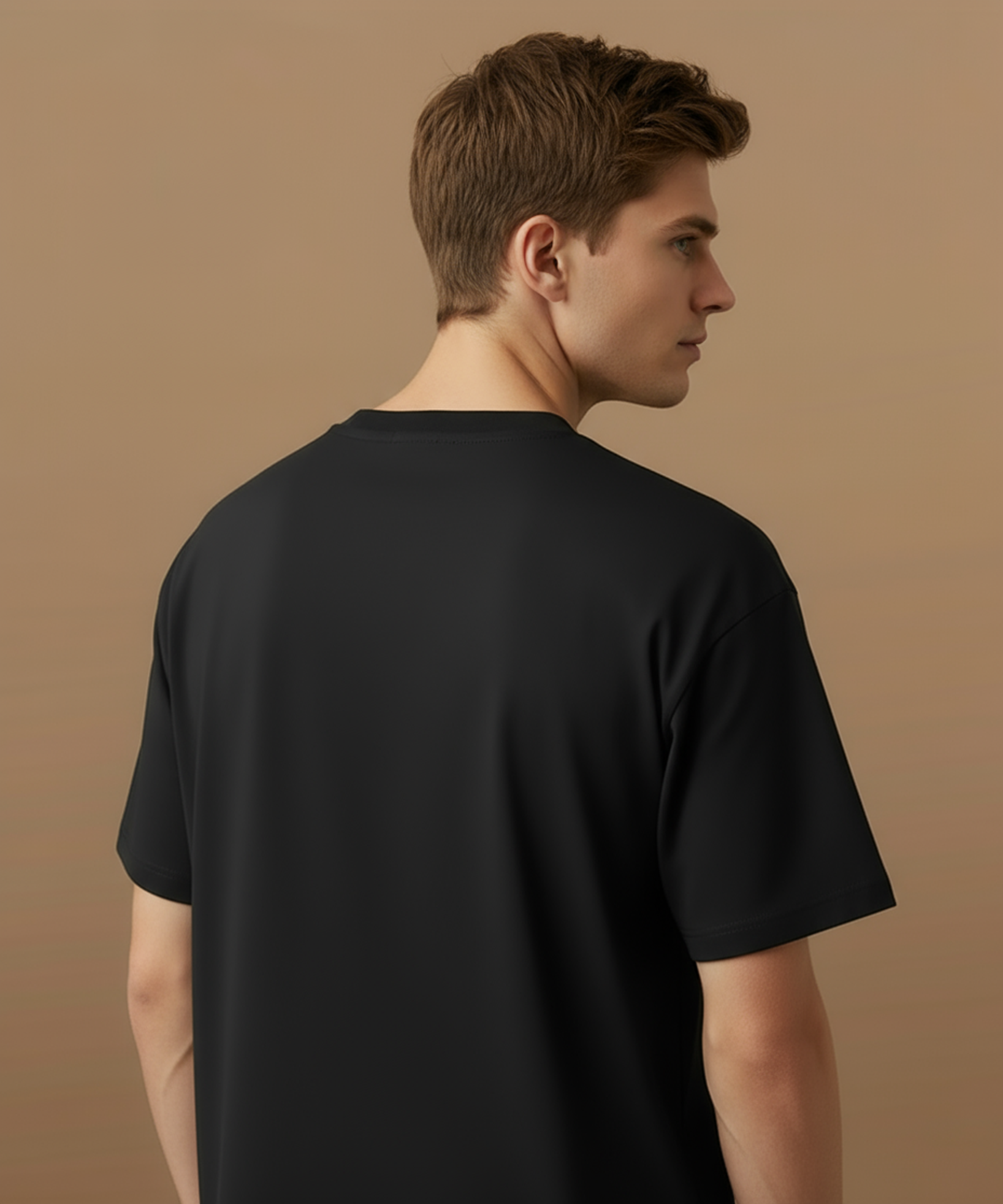 male model showing back of the tshirt design for hunny cuddles t shirt, against a brown background,