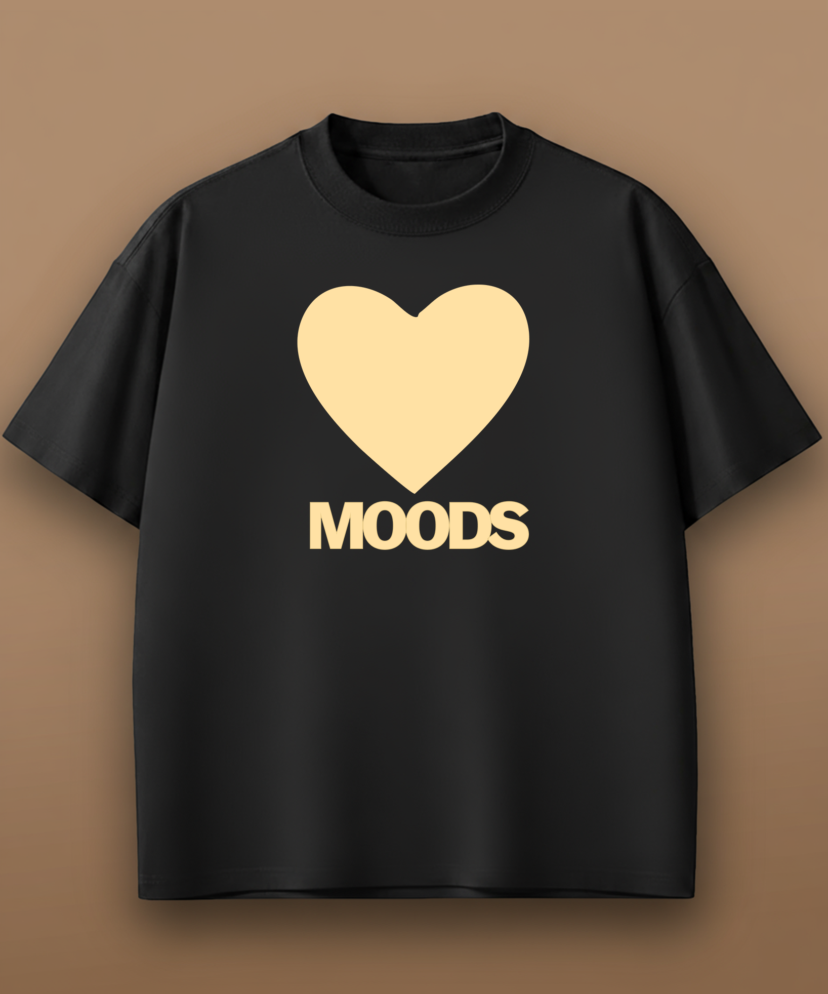 a black sweethearts t-shirt with a gold heart and 'MOODS' text on a brown background, front graphic
