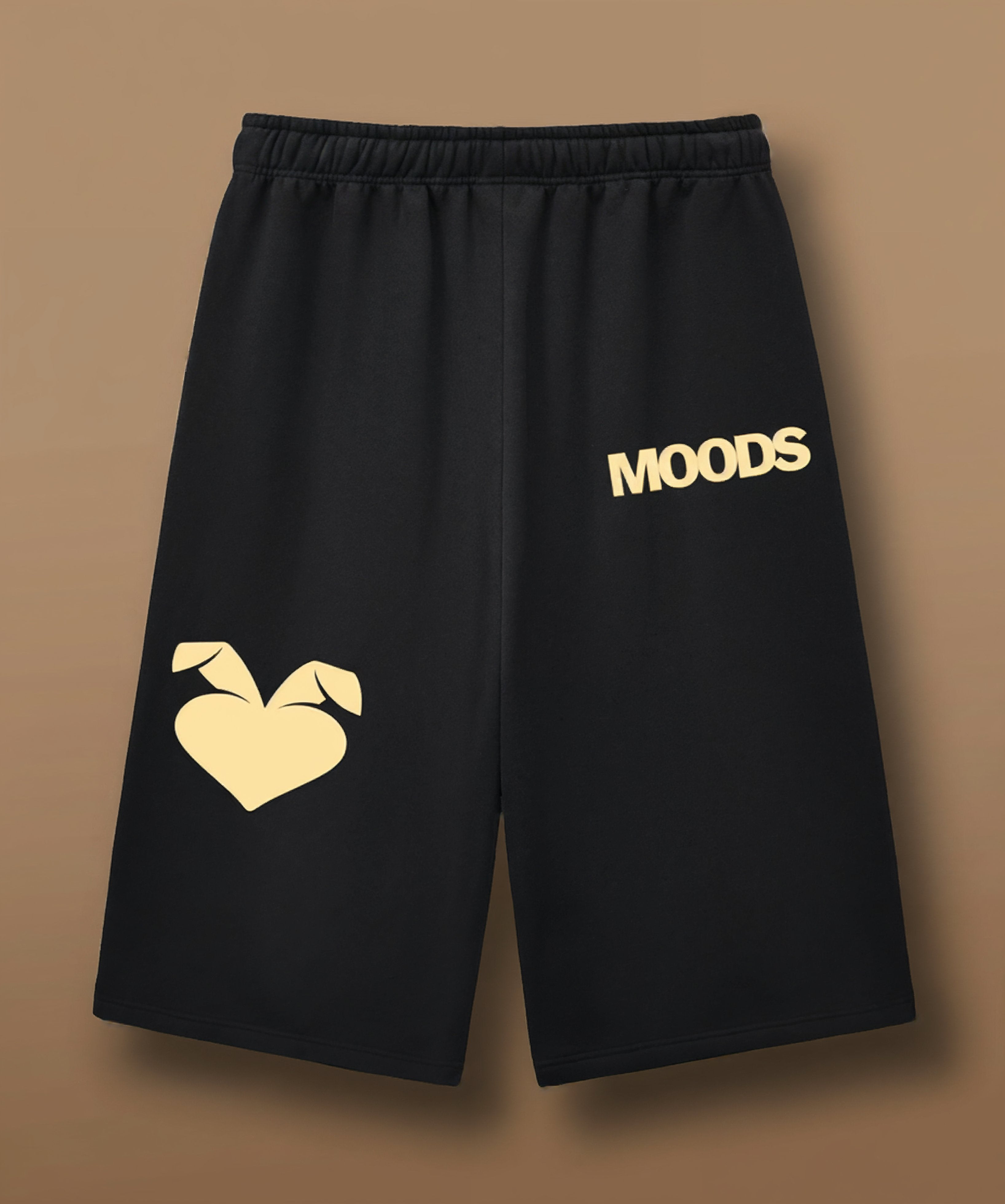 Sweethearts graffiti text and heart logo printed on black shorts from Moods Drop, back view