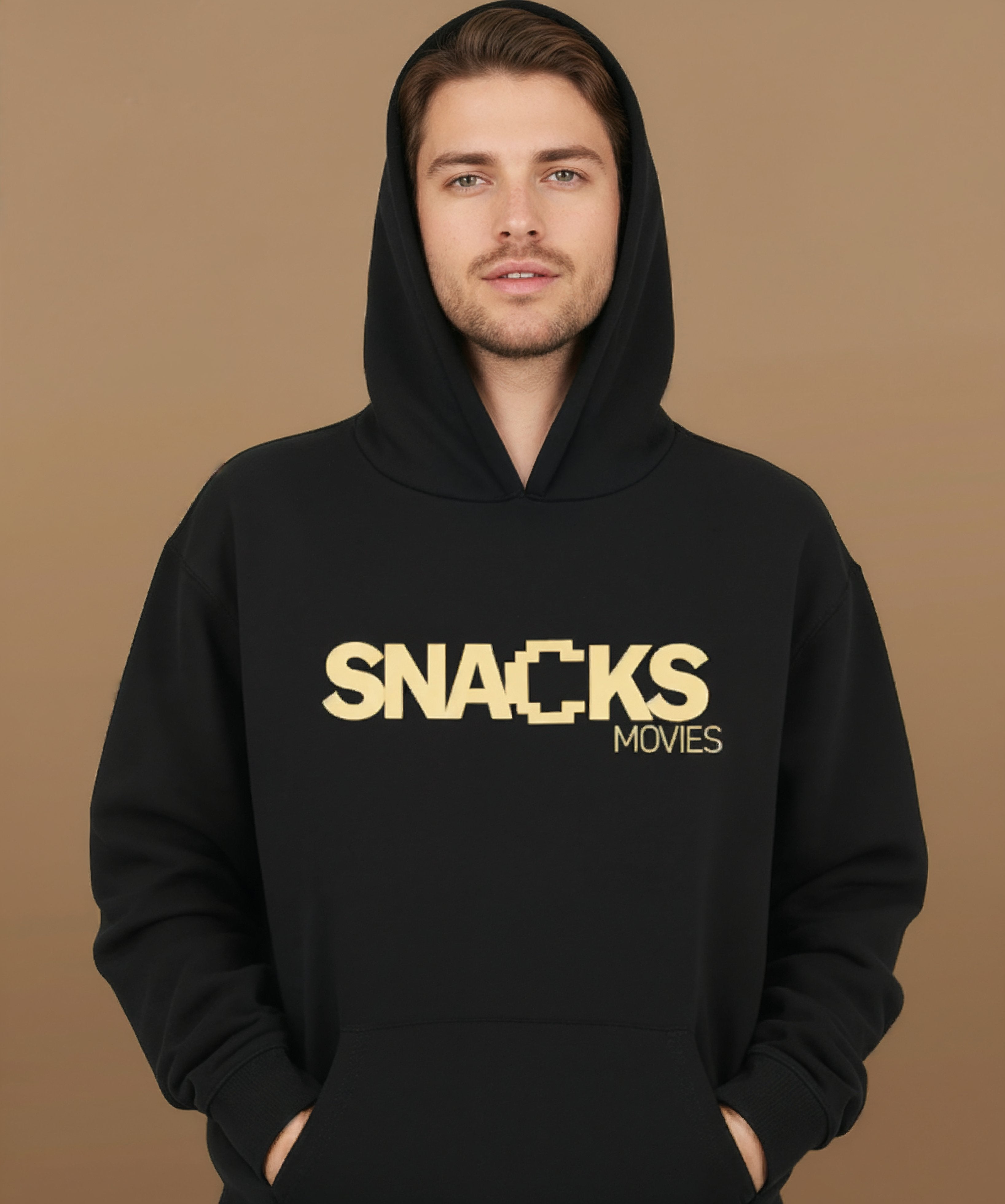 male model wearing Sweethearts Snacks & Movies hoodie from the Moods Drop collection, front view