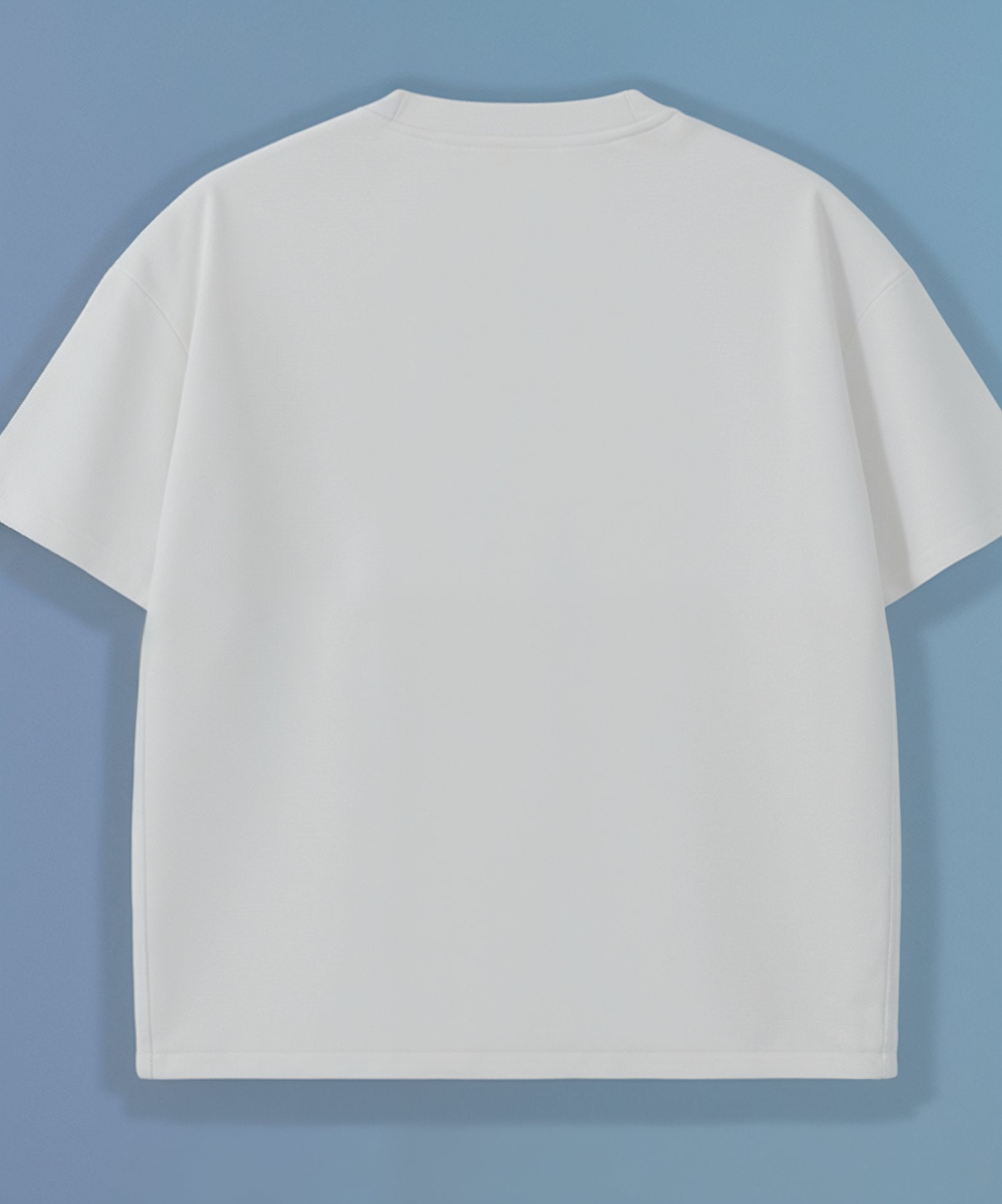 back of white t-shirt with blue heart and red 'xoxo' design and blue sweethearts heart logo on a light blue background