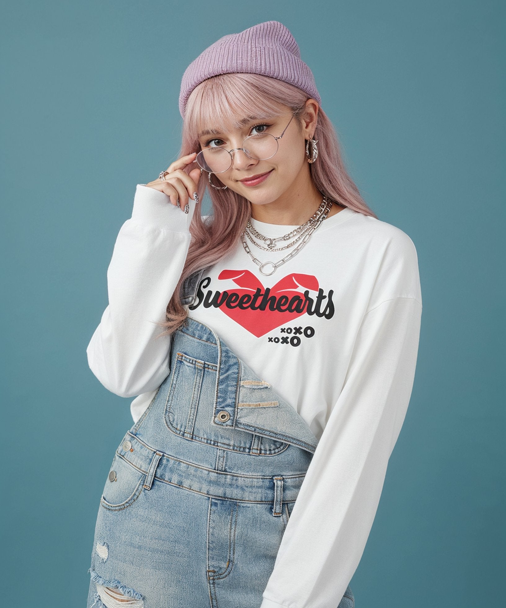 Person wearing a white sweatshirt with a graphic design and denim overalls on a blue background