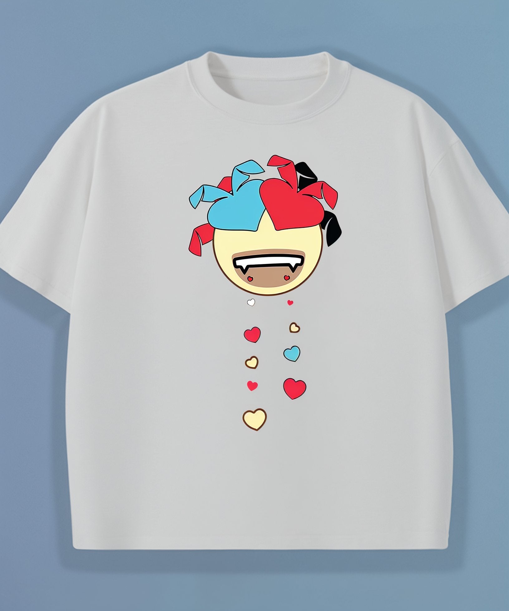 White t-shirt with a colorful emoji design on a blue background