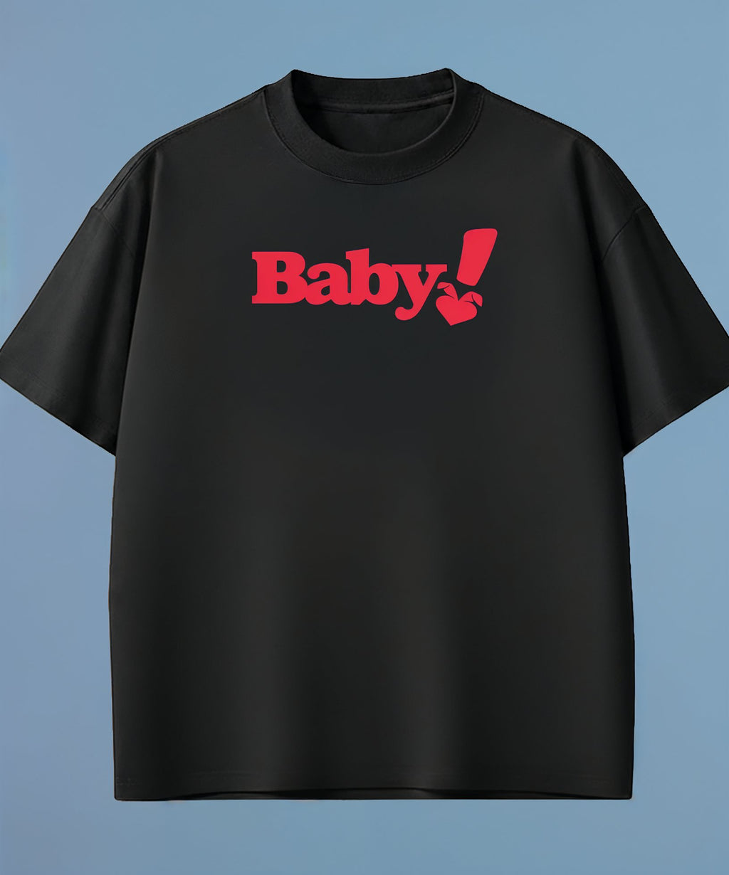 Black t-shirt with red 'Baby!' text on a blue background