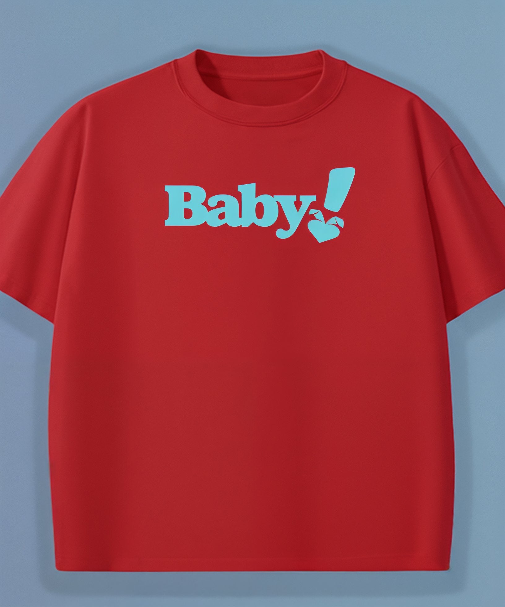Red t-shirt with blue 'Baby!' text on a blue background