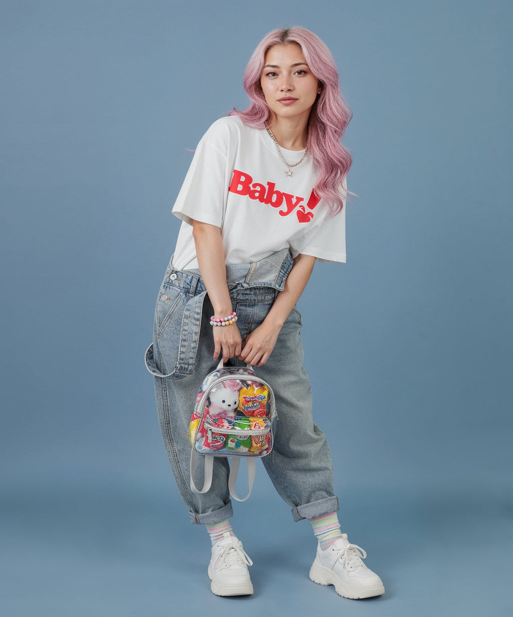 female wearing a white t-shirt with 'Baby!' text, holding a colorful backpack against a blue background