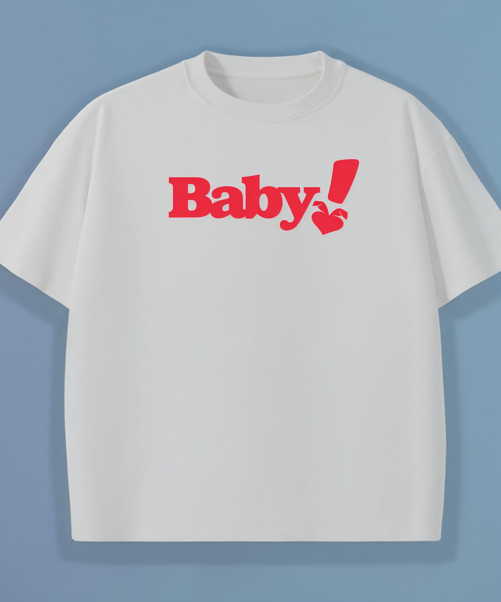 White t-shirt with sweethearts red 'Baby!' text on a light blue background