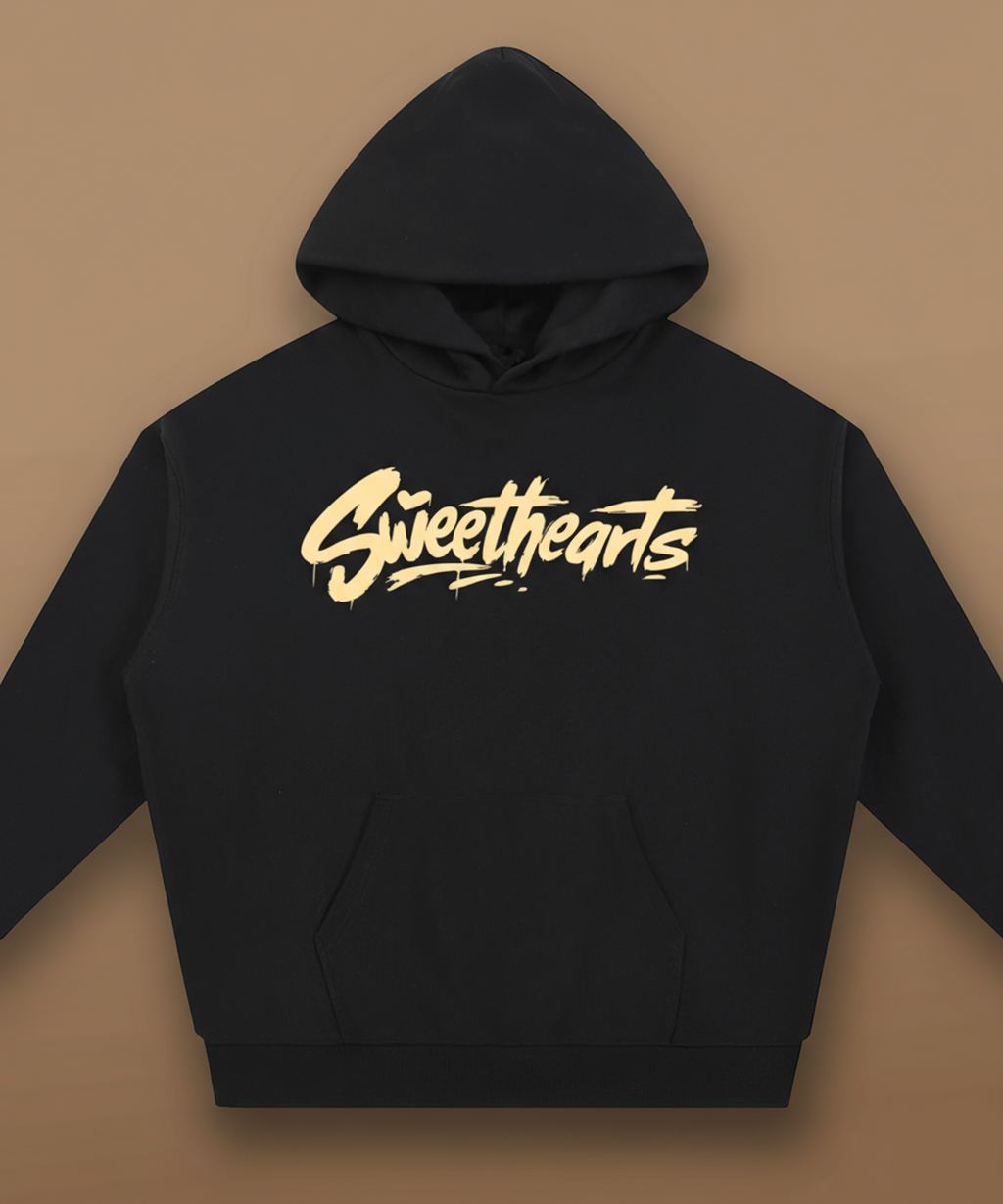 front view of Sweethearts graffiti text hoodie in black