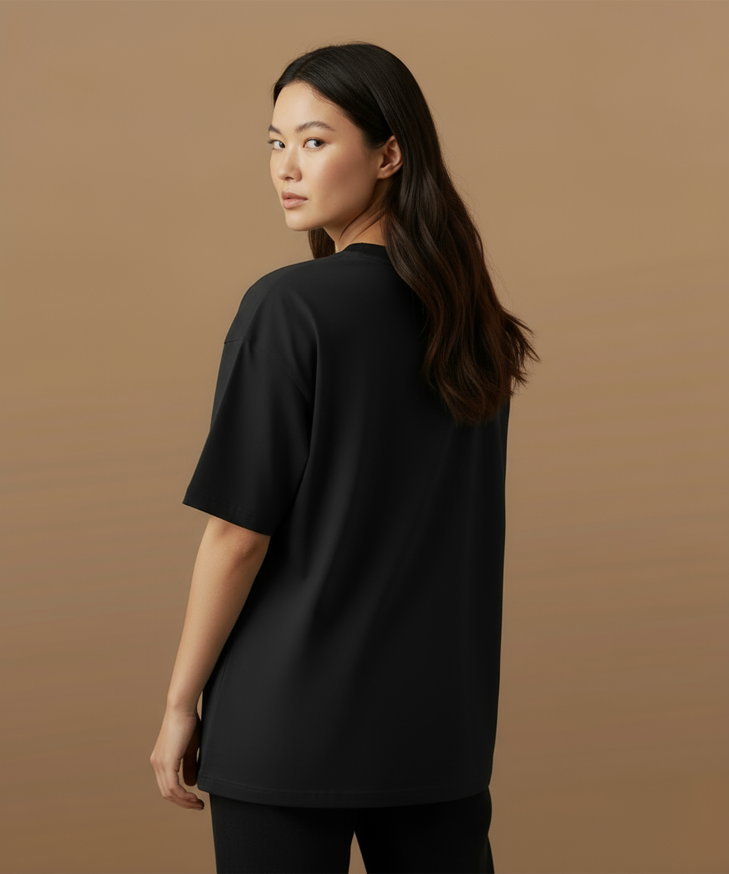 female model wearing a black sweethearts graffiti moods t shirt, back view of the tshirt.