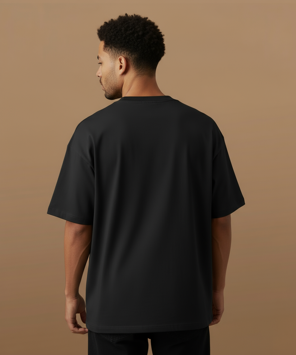 Male model wearing a black sweethearts graffiti moods t shirt, back view of tshirt.