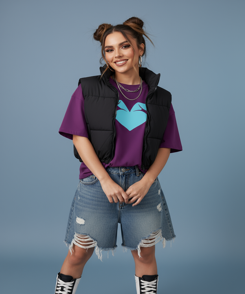 Woman wearing a purple shirt with a blue sweethearts heart logo, black vest, and denim shorts on a blue background, front view