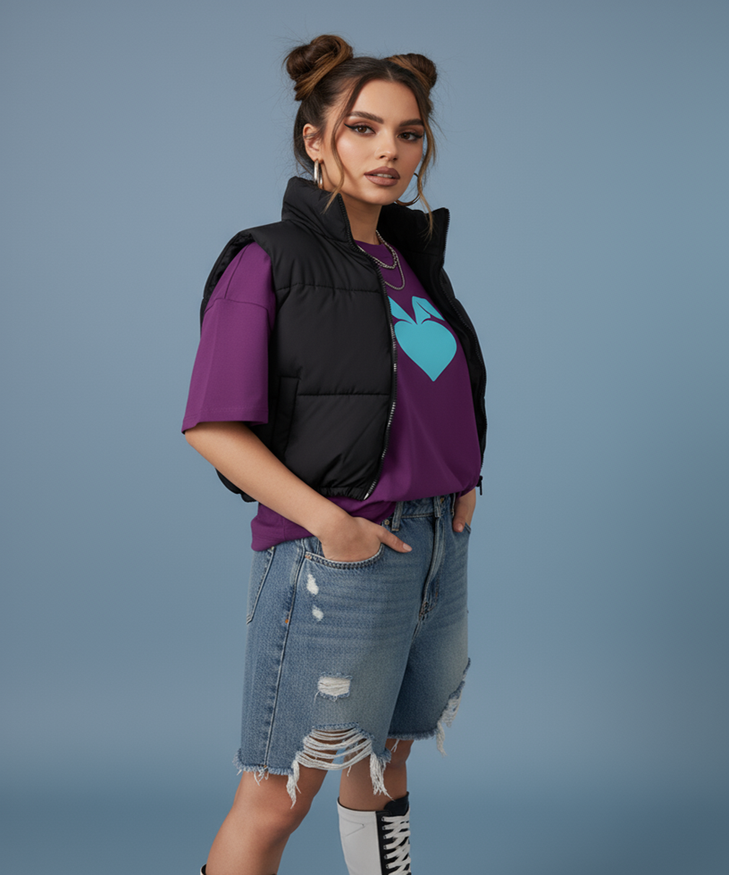 Woman wearing a purple shirt with a blue sweethearts heart logo, black vest, and denim shorts on a blue background, side view