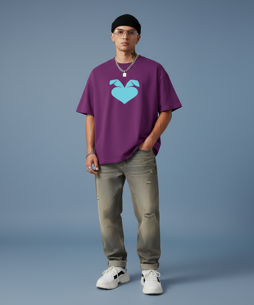 male wearing a purple t-shirt with a blue sweethearts heart logo, gray jeans, and white sneakers on a blue background, front view