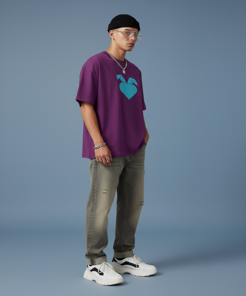 male wearing a purple t-shirt with a blue sweethearts heart logo, gray jeans, and white sneakers on a blue background, side view