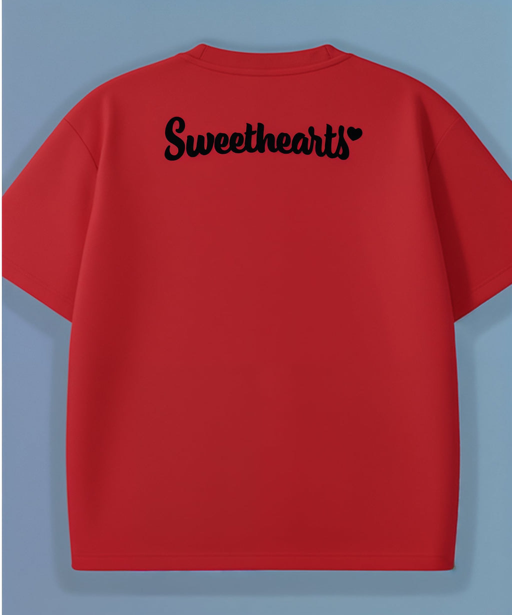 Red t-shirt with 'Sweethearts' text on the back against a blue background