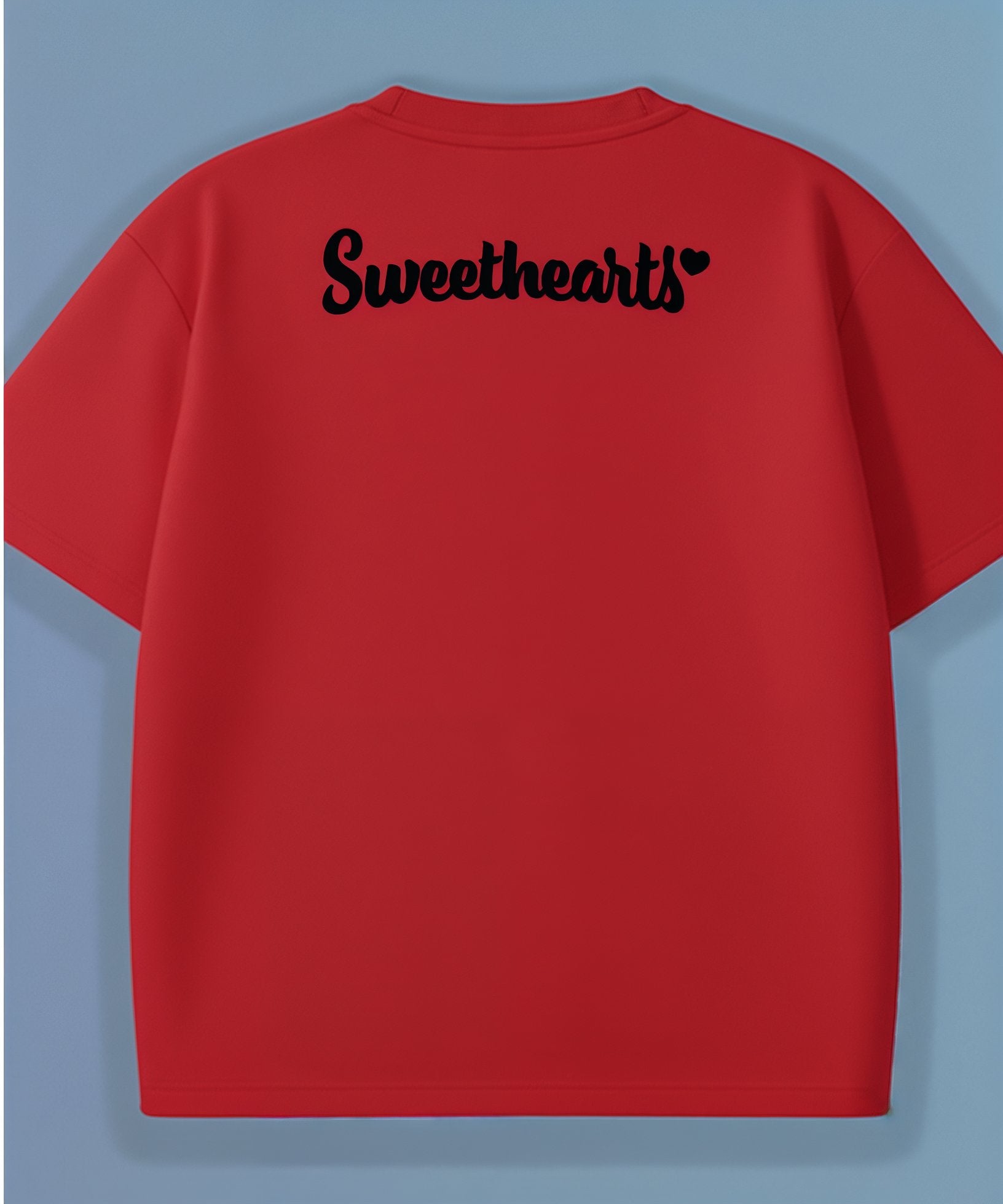 Red t-shirt with 'Sweethearts' text on the back against a blue background