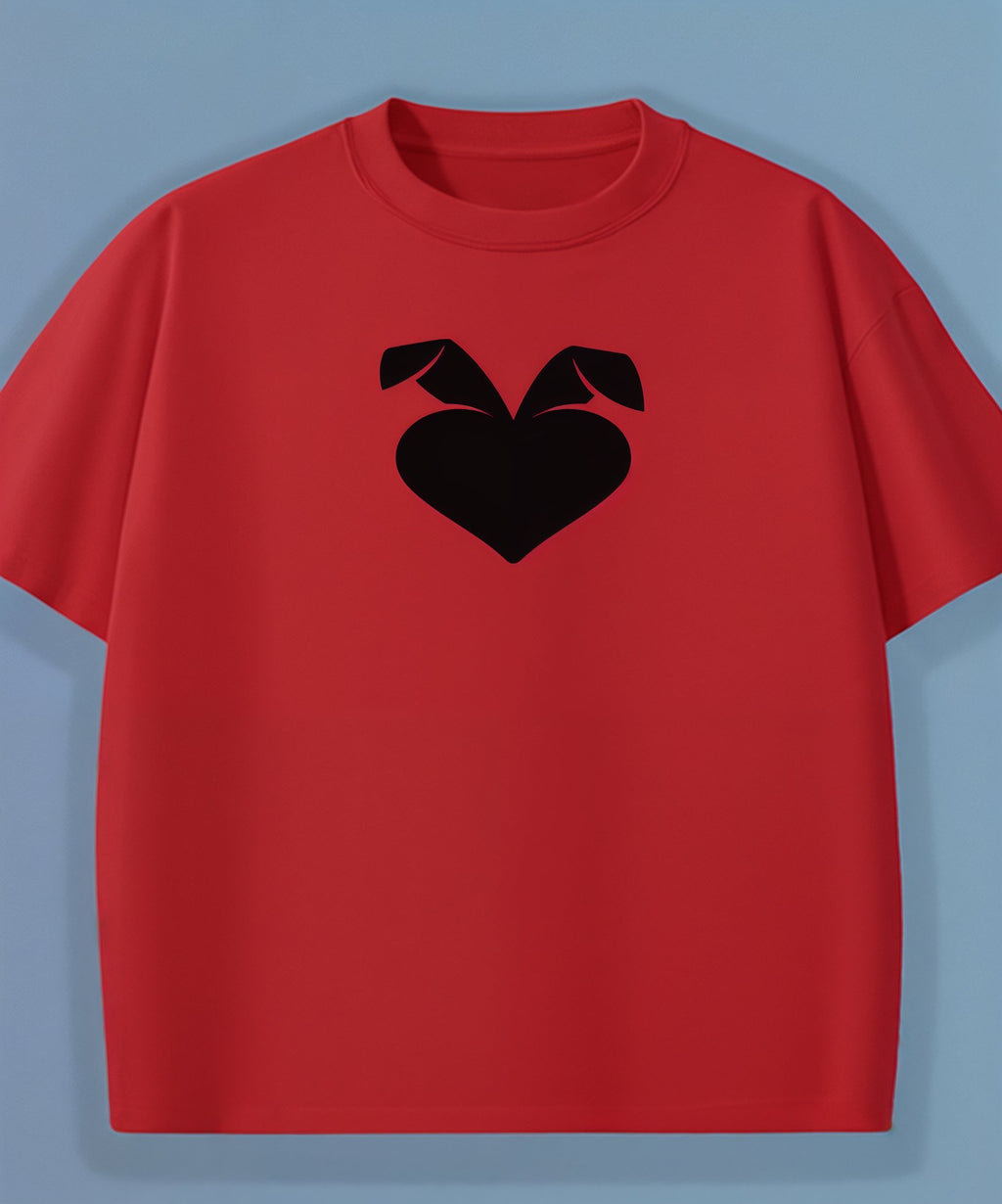 Red t-shirt with a sweethearts black heart logo design on a blue background