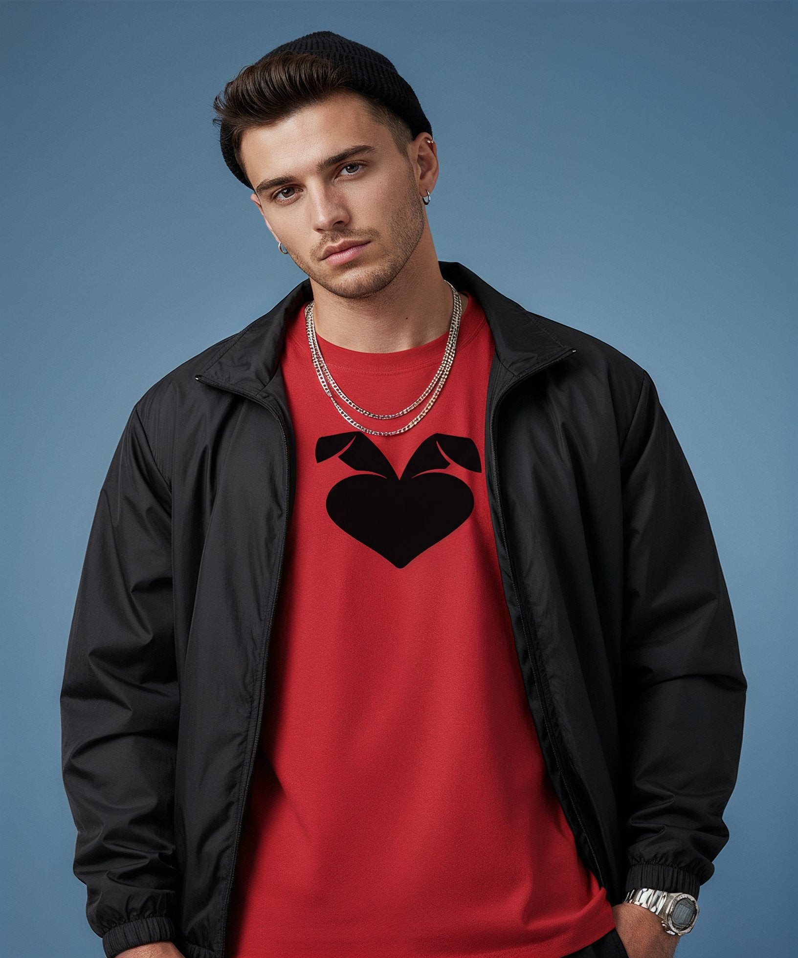 Man wearing a red shirt with a black heart design and a black jacket against a blue background