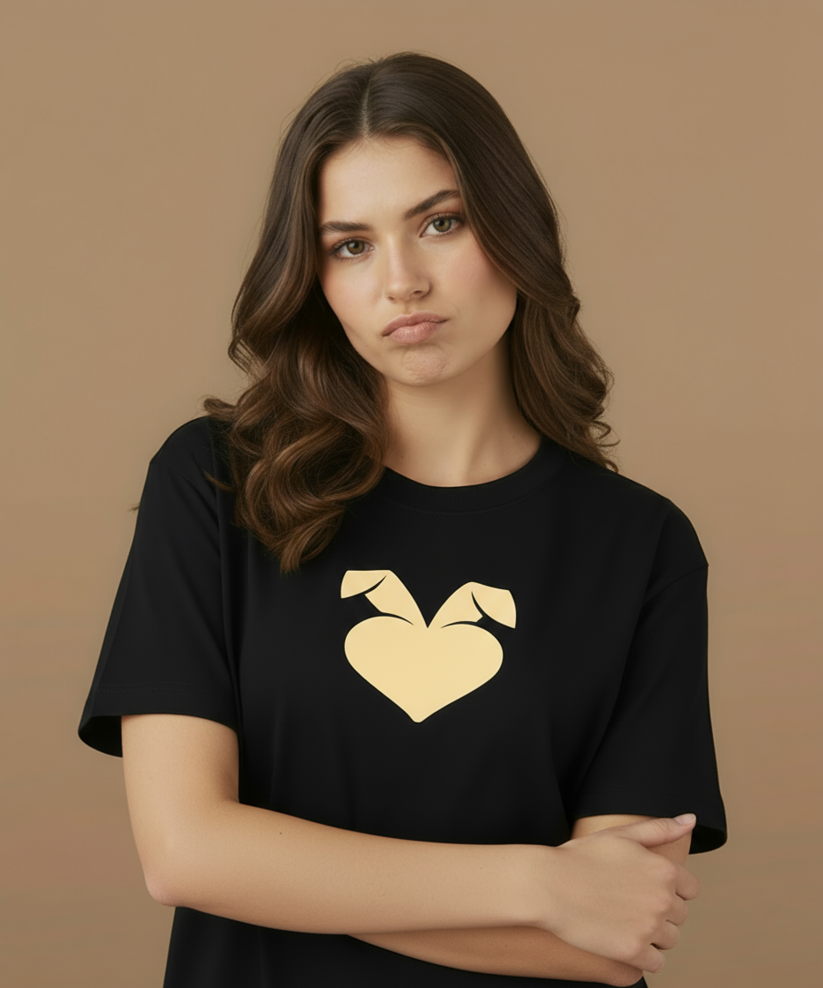 a female wearing a black sweethearts mood edition logo t-shirt with a gold heart design on a brown background
