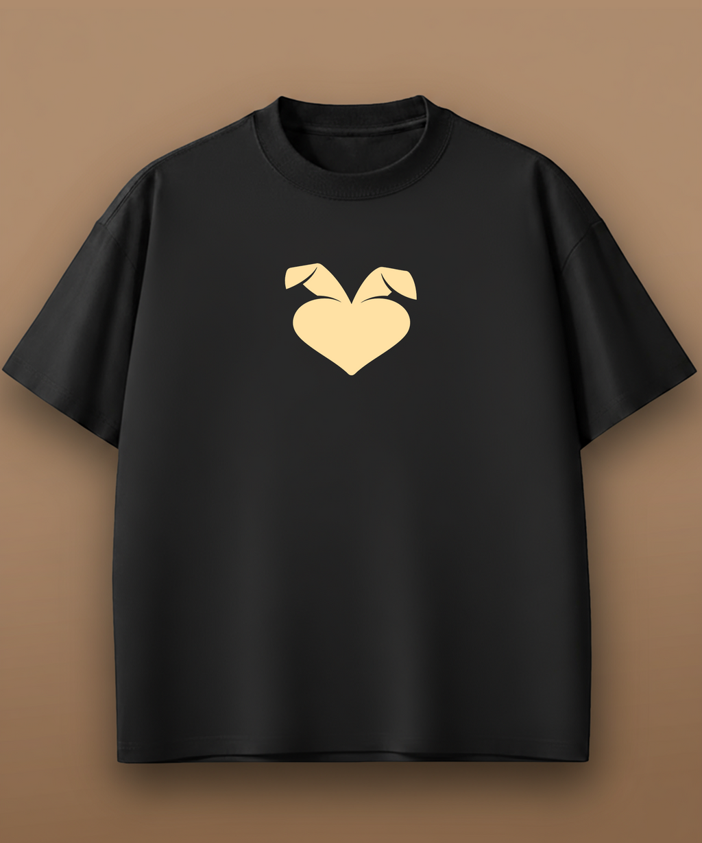 a black sweethearts mood edition logo t-shirt with a gold heart design on a brown background, front graphic