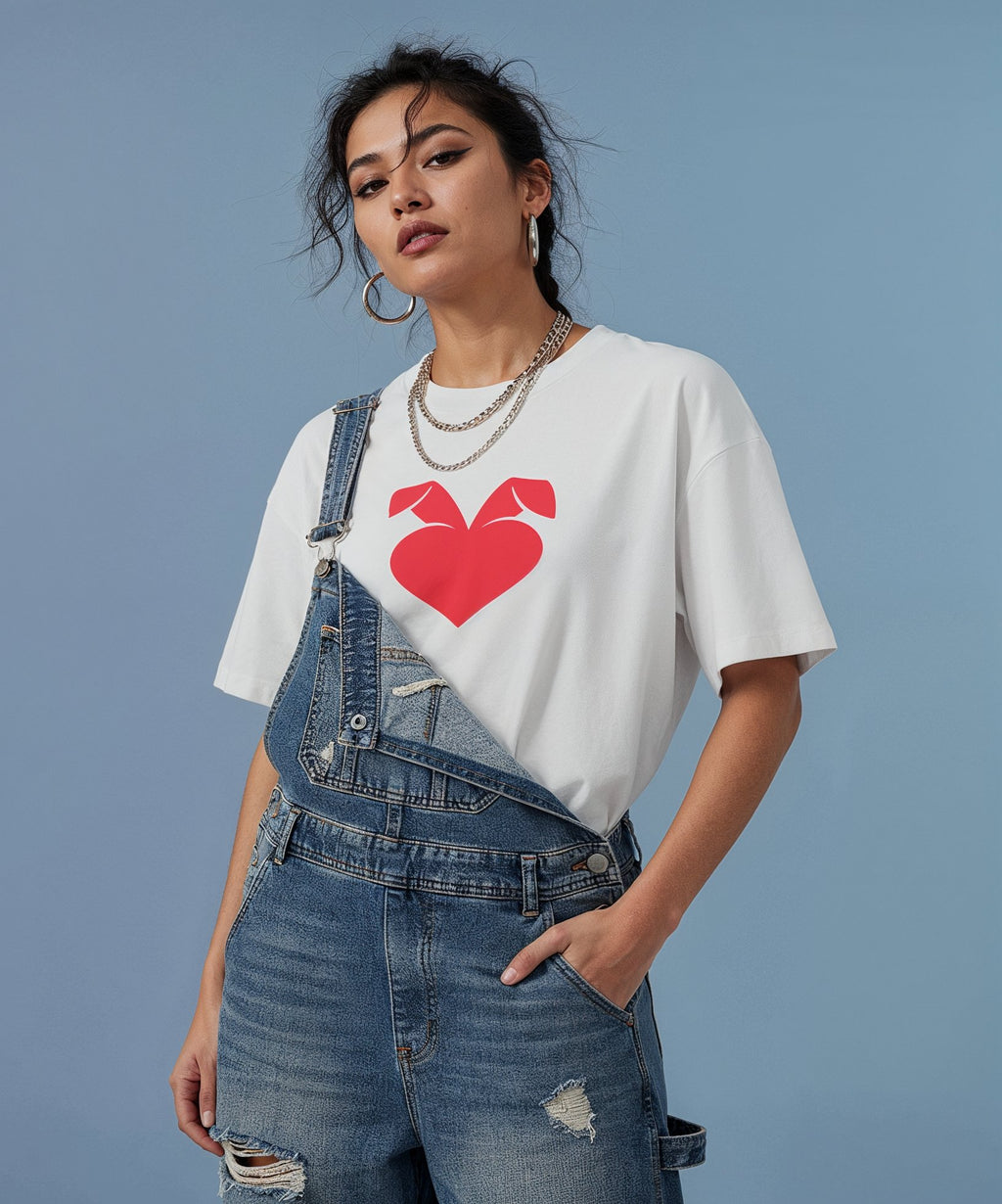 female model wearing white t-shirt with a red sweethearts logo heart design on a blue background, front view