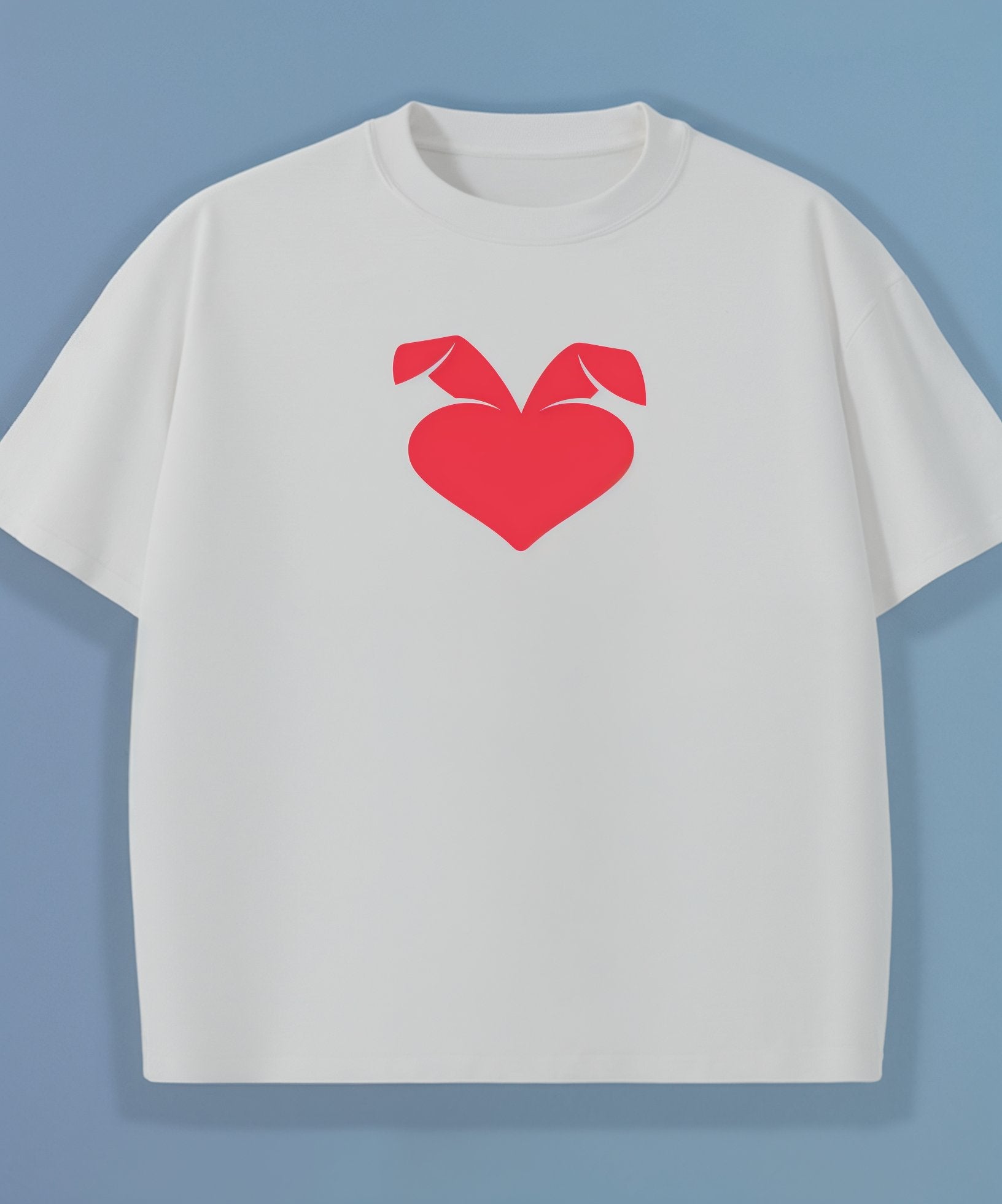 White t-shirt with a red sweethearts logo heart design on a blue background