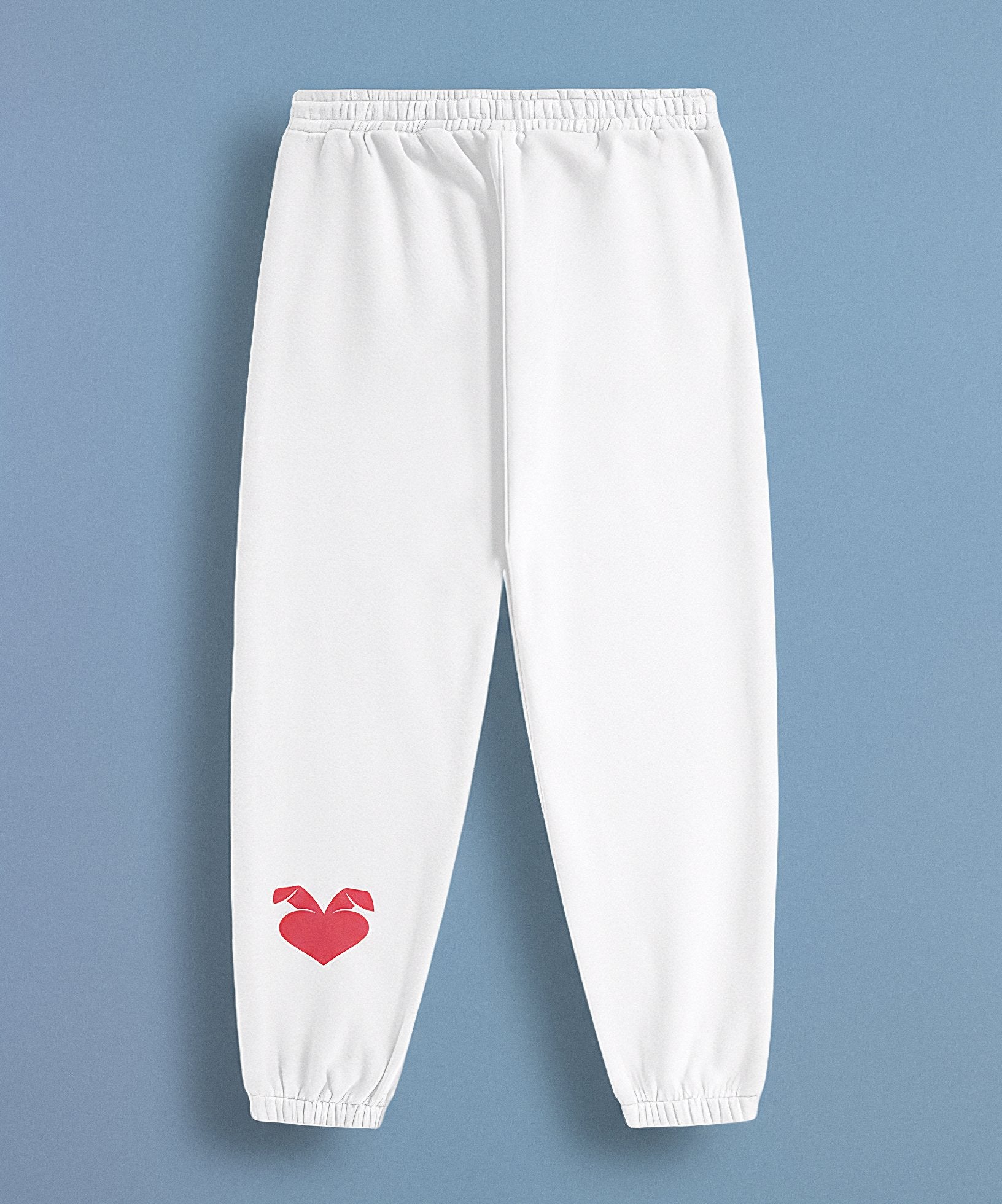 a white sweatpants with a sweethearts red heart logo design on a blue background, back view