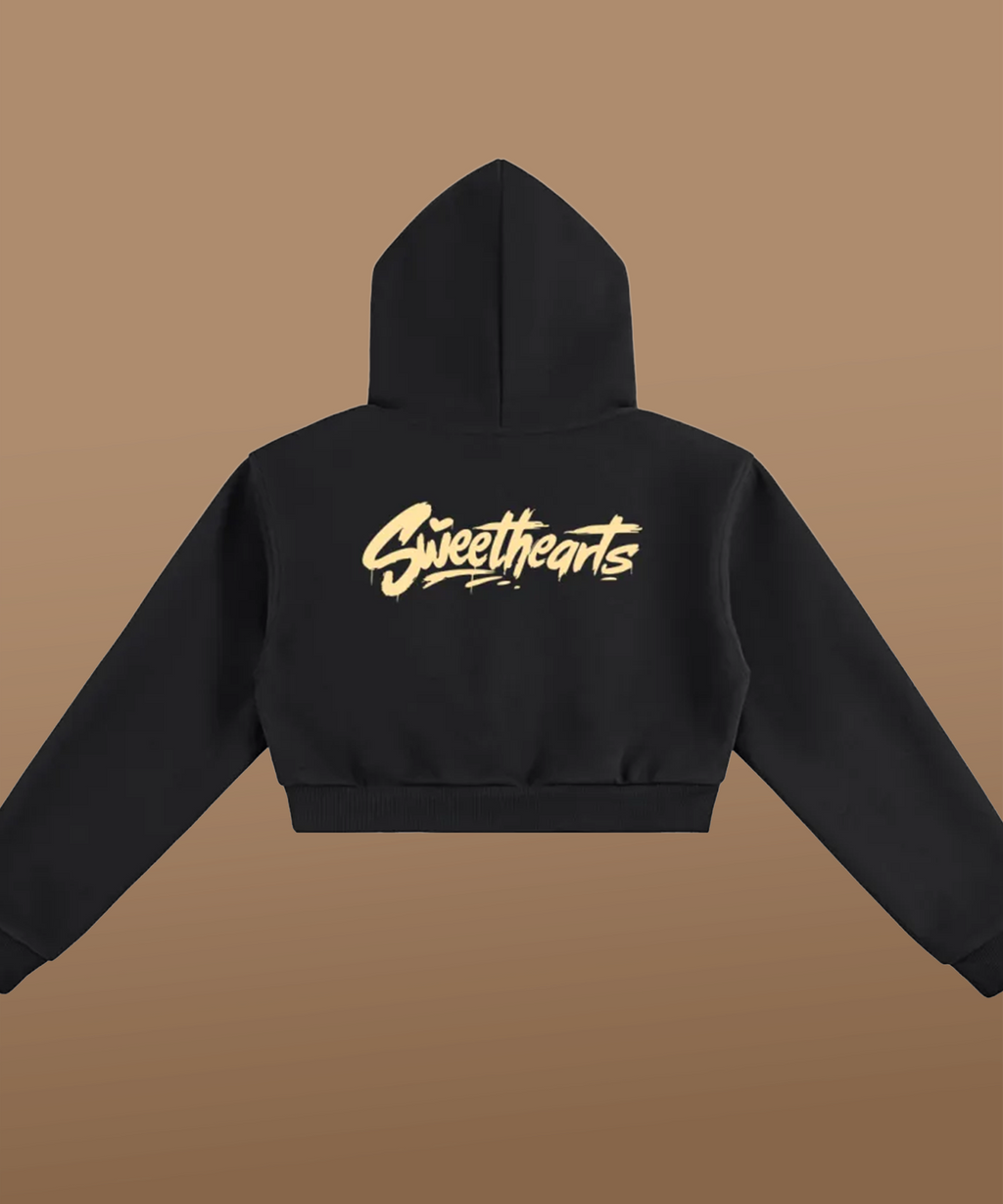 Sweethearts graffiti logo on back of black cropped hoodie