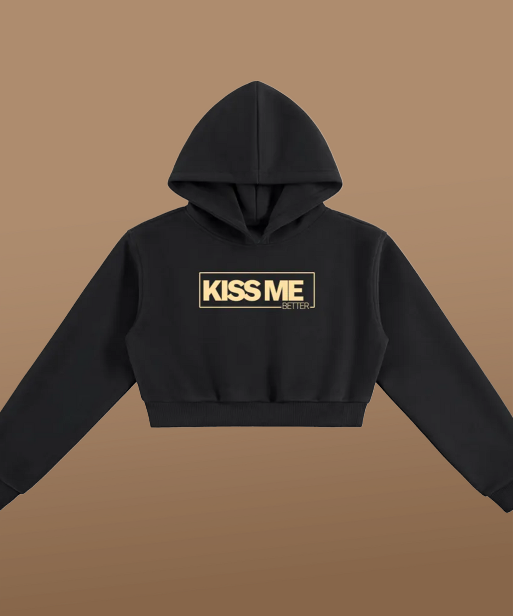 Close-up of Kiss Me Better text design on hoodie