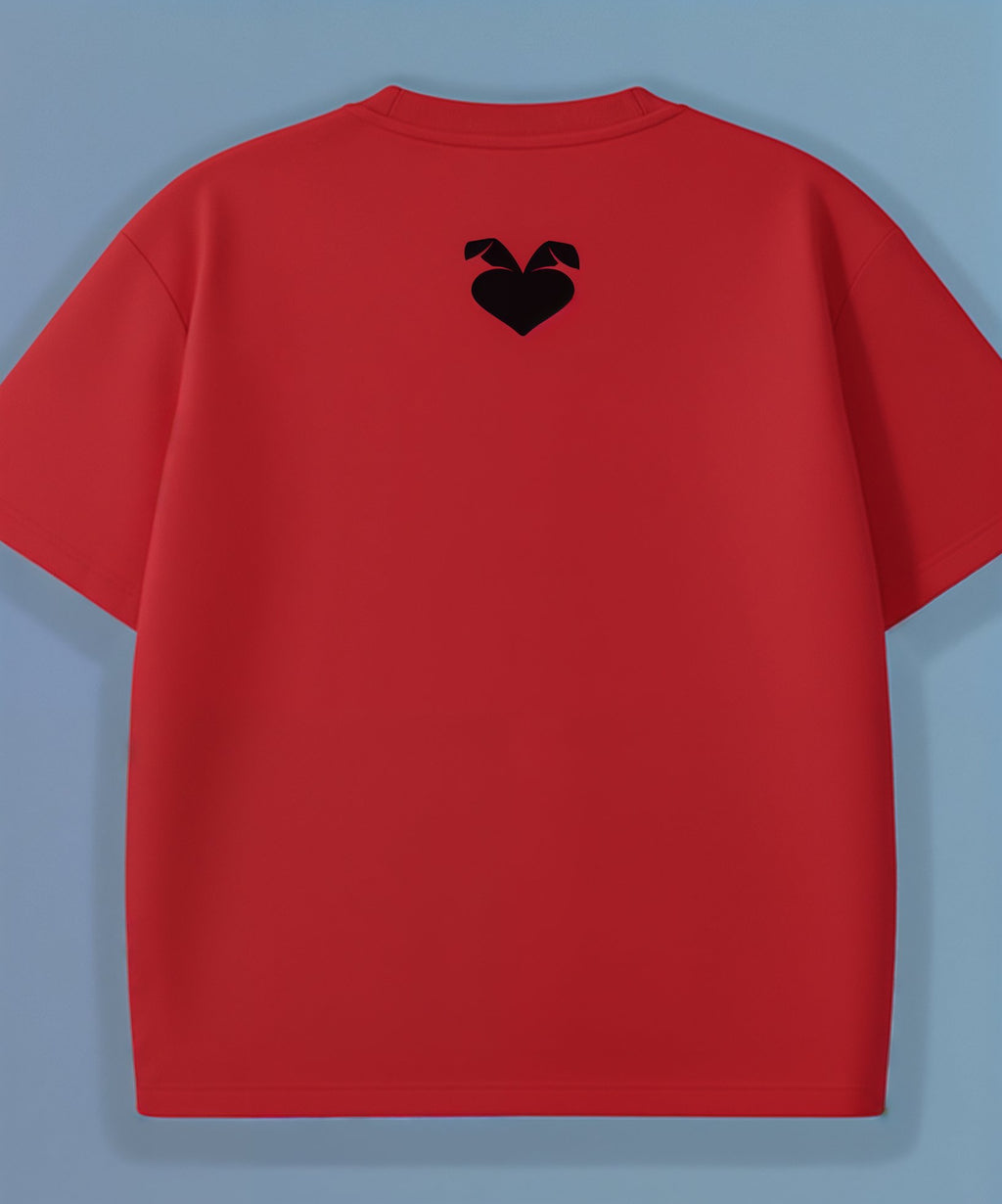 Red t-shirt with a black sweethearts logo heart design on the back against a light blue background
