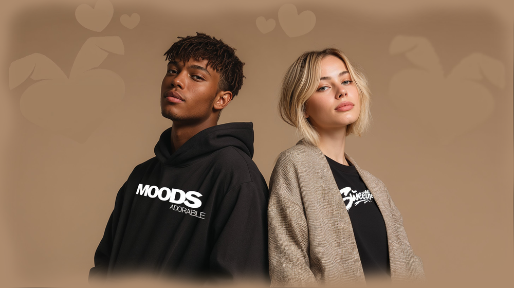 Couple wearing Sweethearts Moods collection clothing, showing cozy connection and modern streetwear style.