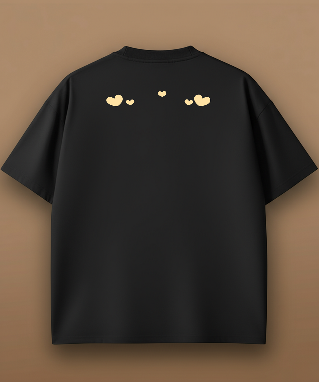 A black sweethearts t-shirt with a gold heart and 'MOODS' text on a brown background, back graphic