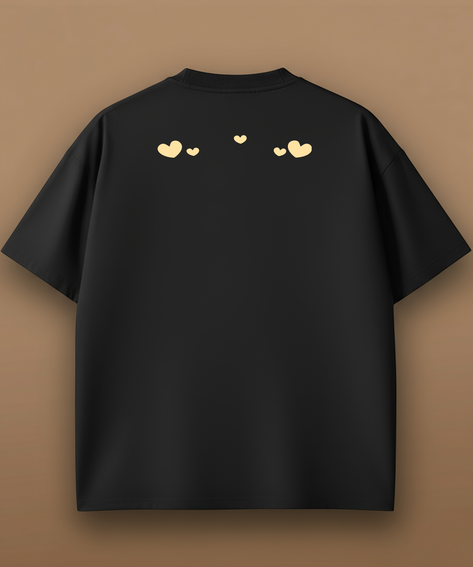 A black sweethearts t-shirt with a gold heart and 'MOODS' text on a brown background, back graphic
