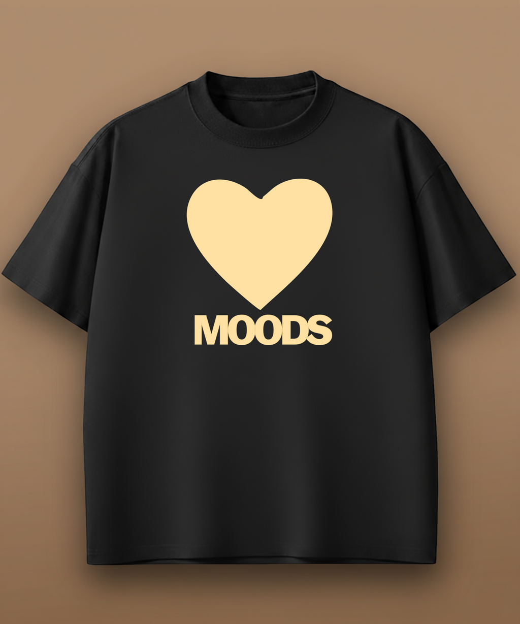 a black sweethearts t-shirt with a gold heart and 'MOODS' text on a brown background, front graphic
