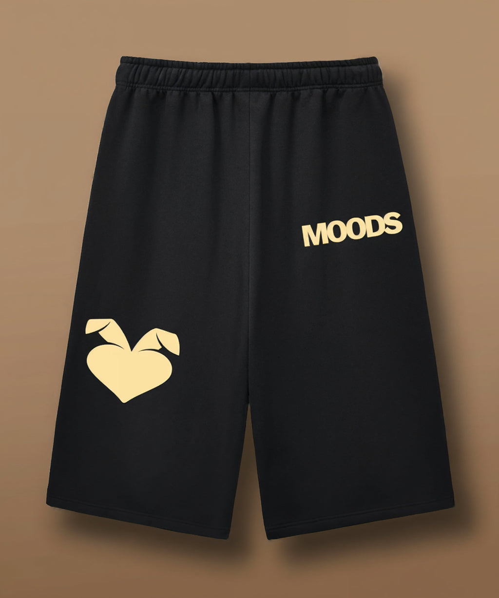 Sweethearts graffiti text and heart logo printed on black shorts from Moods Drop, back view
