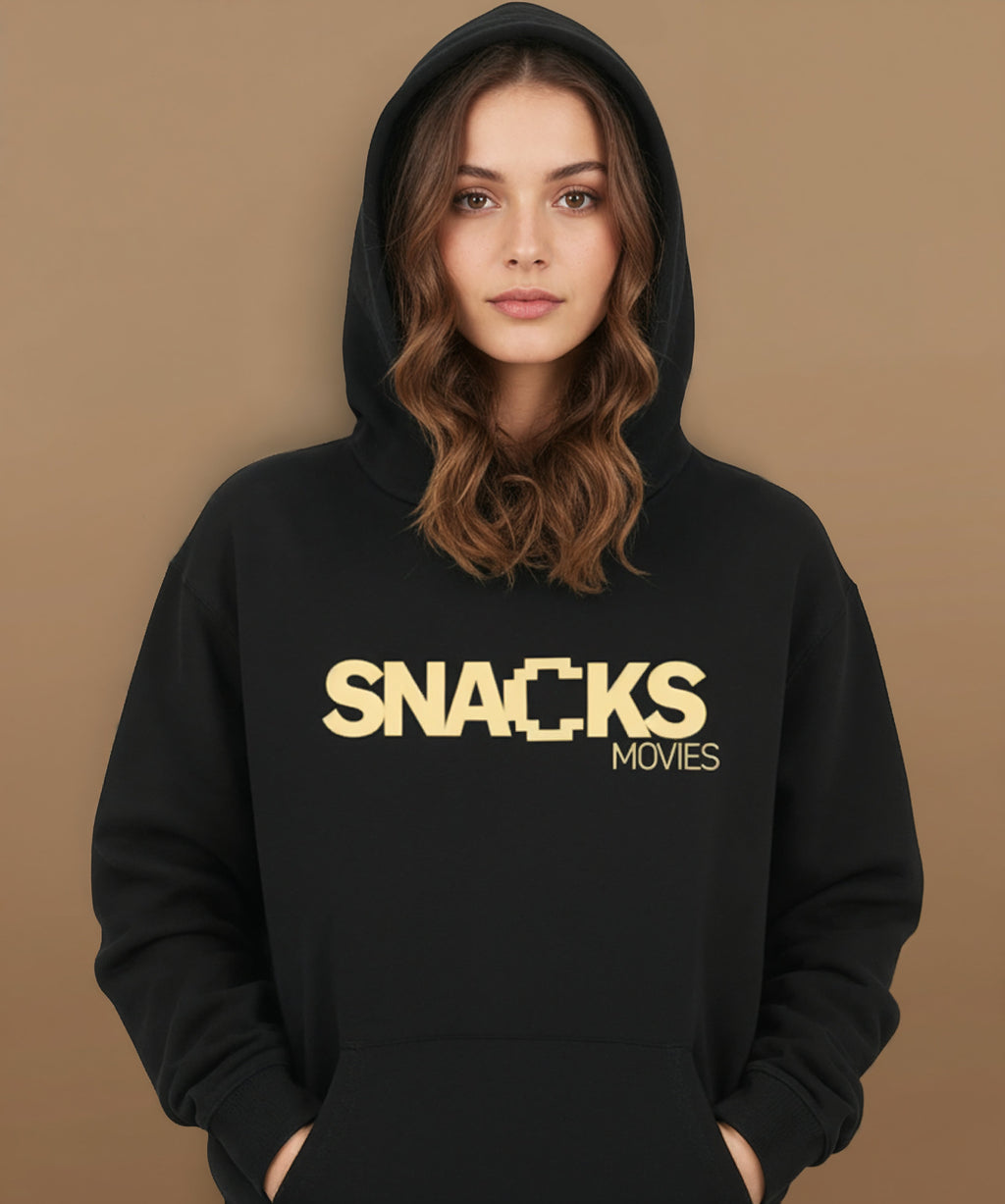 female model wearing Sweethearts Snacks & Movies hoodie from the Moods Drop collection, front