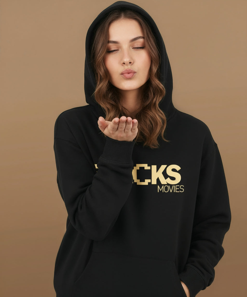 female model wearing Sweethearts Snacks & Movies hoodie from the Moods Drop collection, front blowing a kiss
